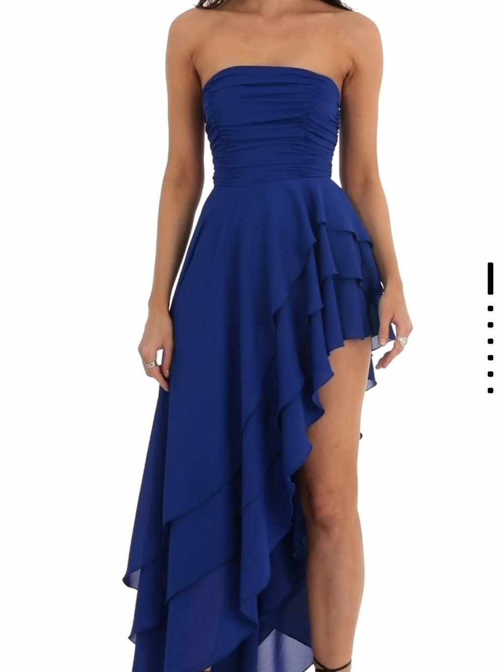 Lucy in the Sky Strapless Royal Blue Asymmetric Ruffle Maxi Dress